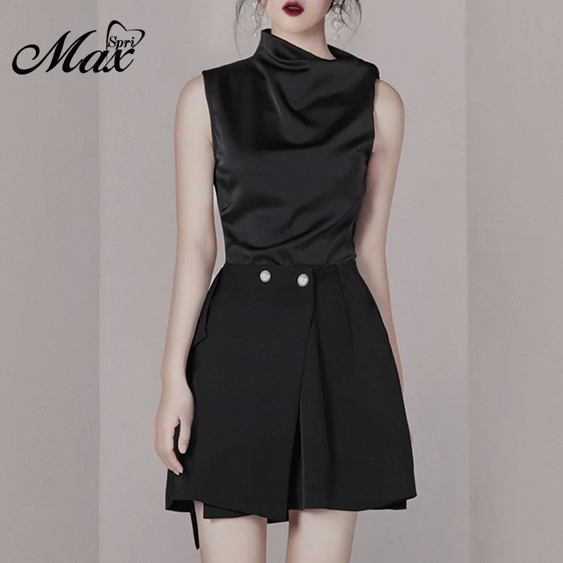 

Max Spri 2019 New Style Sleeveless Crop Top Irregular Hem Pearl Decor Mini Skirt Fashion Party Women Clothing Two-piece Set