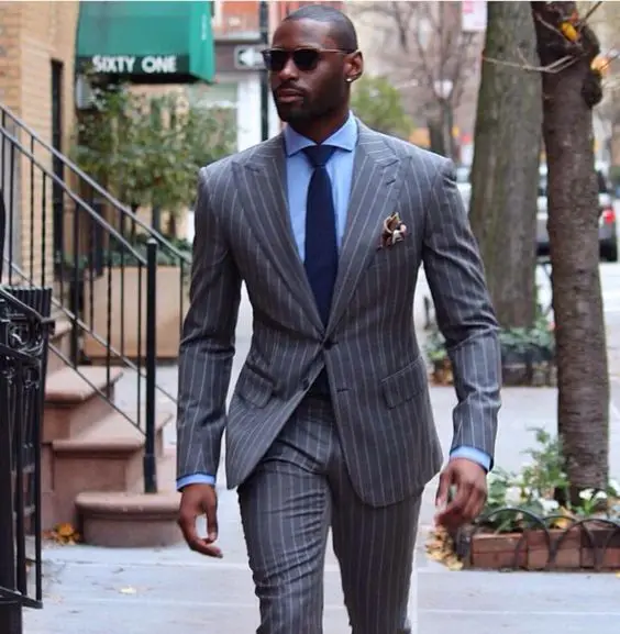 Latest Coat Pant Designs Grey Stripe Men Suit Causal Pattern Skinny Business Men Party Prom Tuxedos Business Men Work Wear Suits