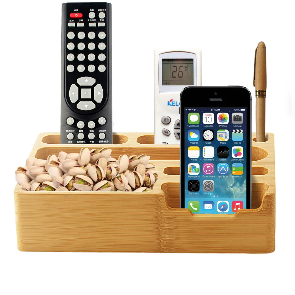 

SZYSGSD Bamboo Remote Control Storage Box Holder Remote Control Headphone Cable for iPhone XR X Desk Holder Tablet Key Holder