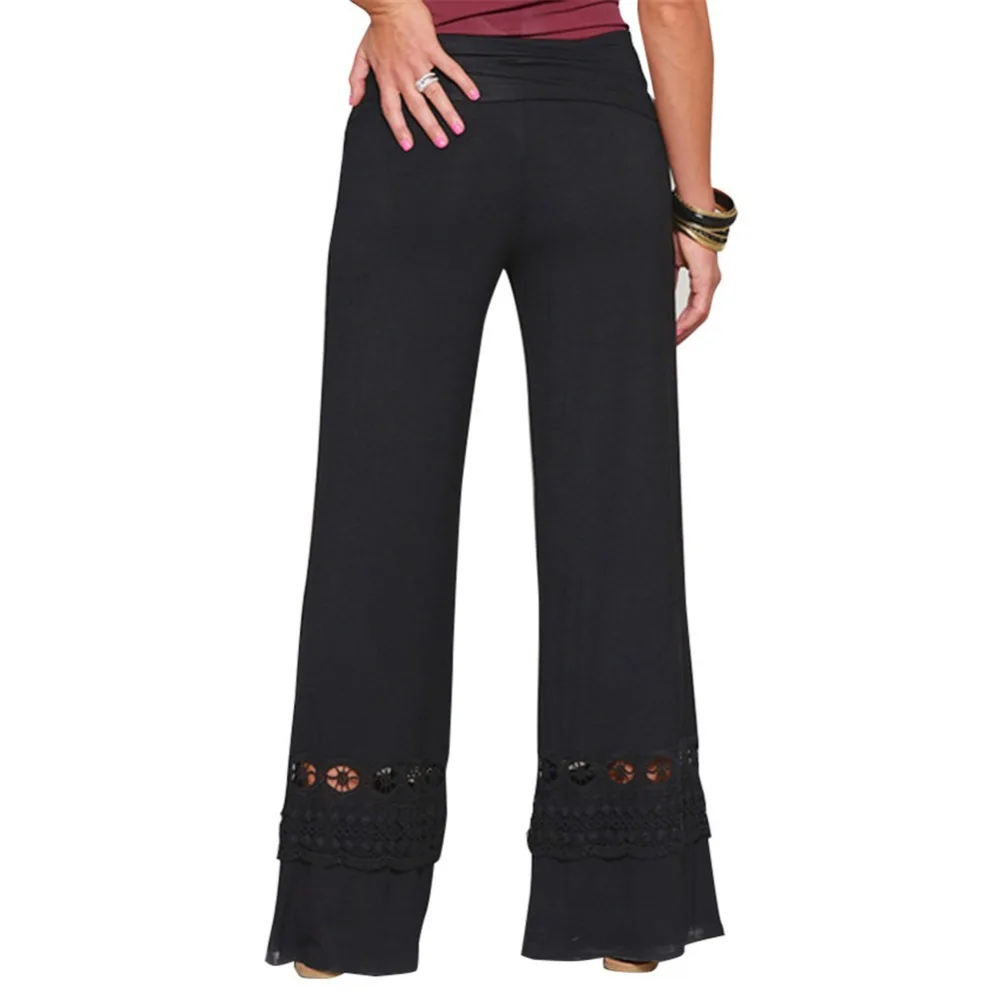 Kenancy Women Vintage Loose High Waist Long Trousers Lace