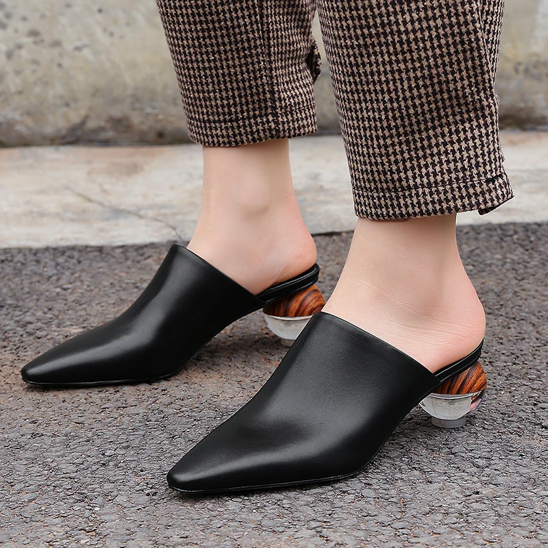 

US4-11 Womens Baotou Toe Leather Ball Clear Transparent Strange Heel Slipper Pumps Slingback Shoes Black White Plus Size