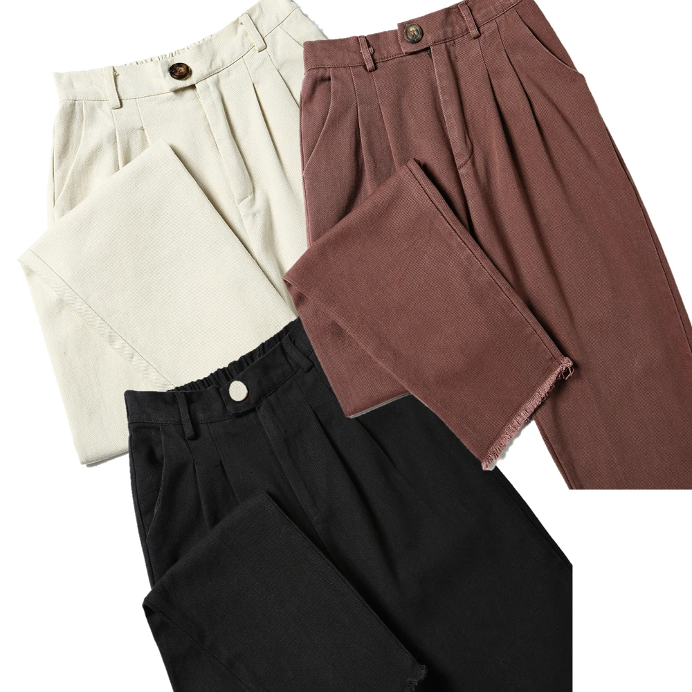 Джинсовые штаны, женские модные повседневные Прямые Штаны, однотонные бежевые классические брюки с эластичной резинкой на талии, крутые хлопковые брюки-Капри