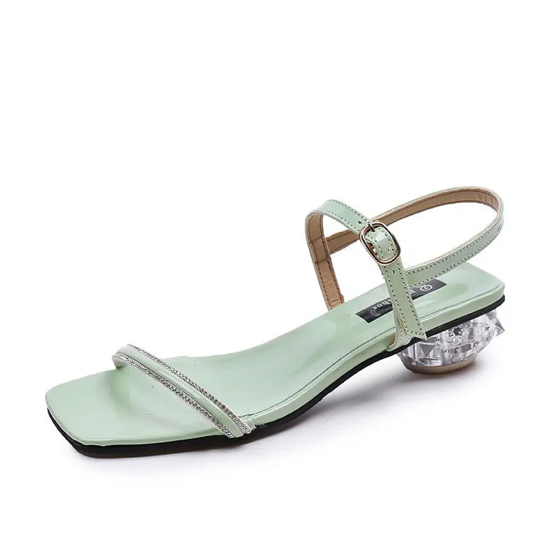 summer female rhinestone thick with sexy sandals fashion Nonslip fish mouth outdoor beach walk casual sandals Buckle Strap - Color: green