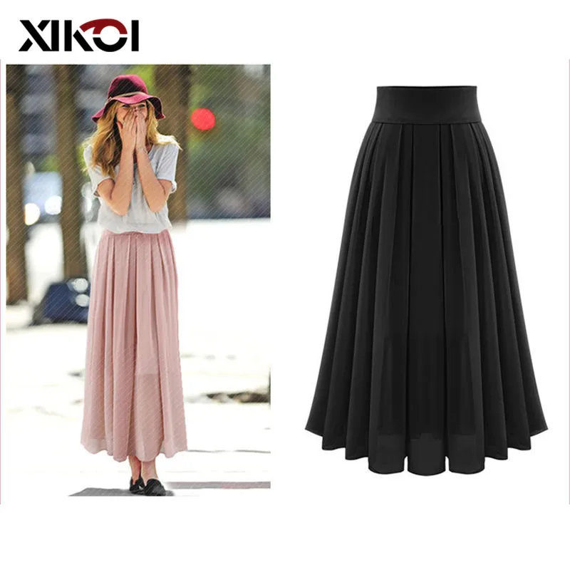 XIKOI Korean Style Chiffon Pleated Skirt Summer New Fashion Women Long