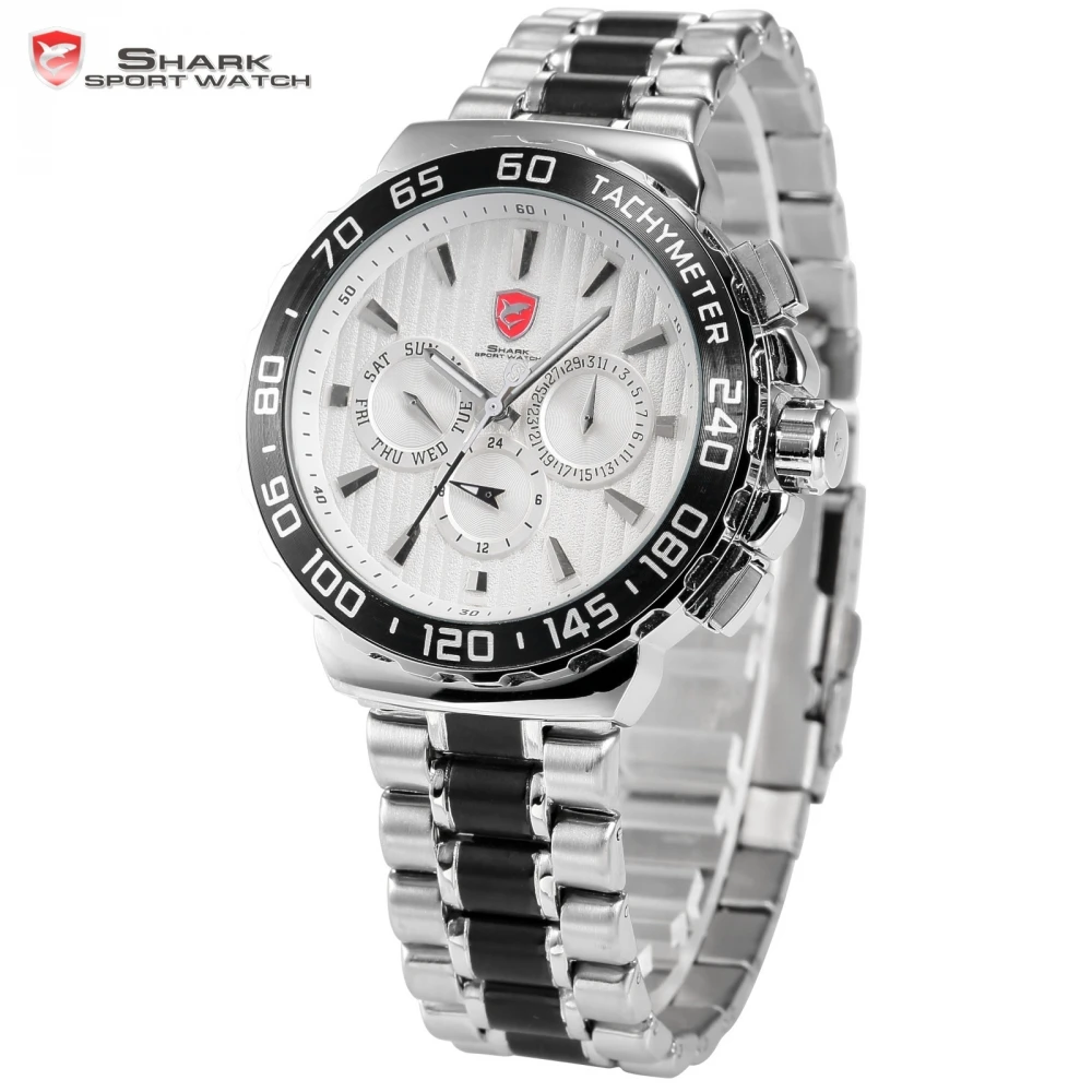 Blacknose Shark Sport Watch White Silver Stainless Steel Band Auto Date Day Waterproof Men's Sports Quartz Wrist Watches / SH381