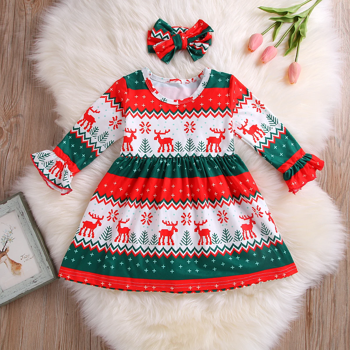 Рождественское платье для девочек; вечерние платья с рисунком снежинки и оленя для малышей; новогодние платья с длинными рукавами для девочек