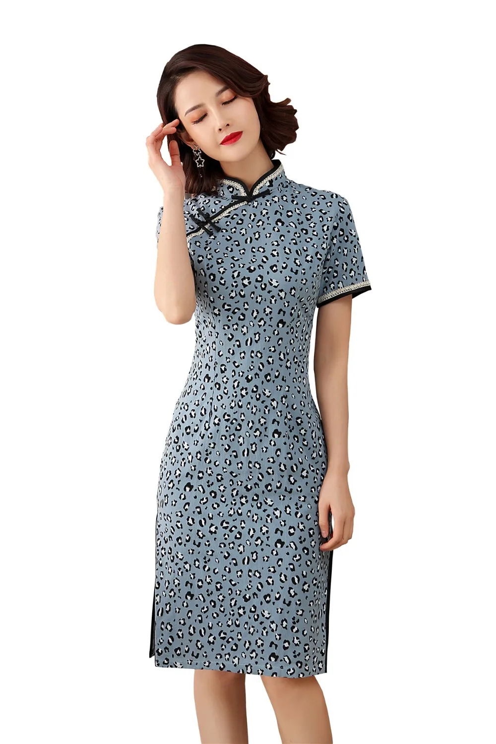 

Shanghai Story Knee Length Chinese Traditional Dress Cotton Linen Cheongsam Leopard Print Qipao Chinese Women's Dress