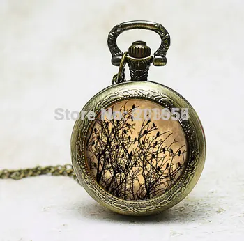 

New Birds on trees quartz Pocket Watches 12pcs/lot wholesale vintage necklace pendant fashion jewelry necklace pocketwatch