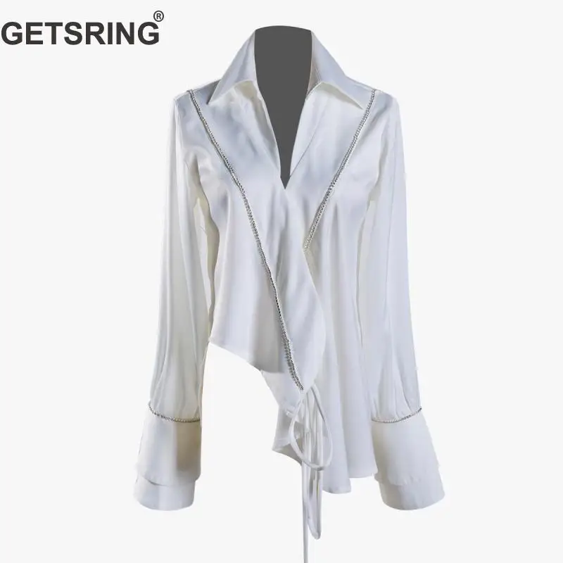 

GETSRING Women Blouses Asymmetry Women Shirts Water Drill Flare Sleeve Women Tops Fashion Top White Black Blouse Spring 2019 New