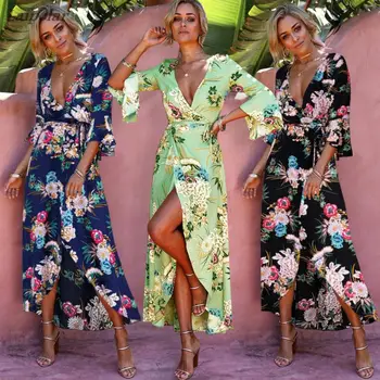 

Laipelar Higt Waist Boho Style Long Dress Floral Print Beach Summer V Neck Dresses Fashion Ruffles Asymmetrical Maxi Dress
