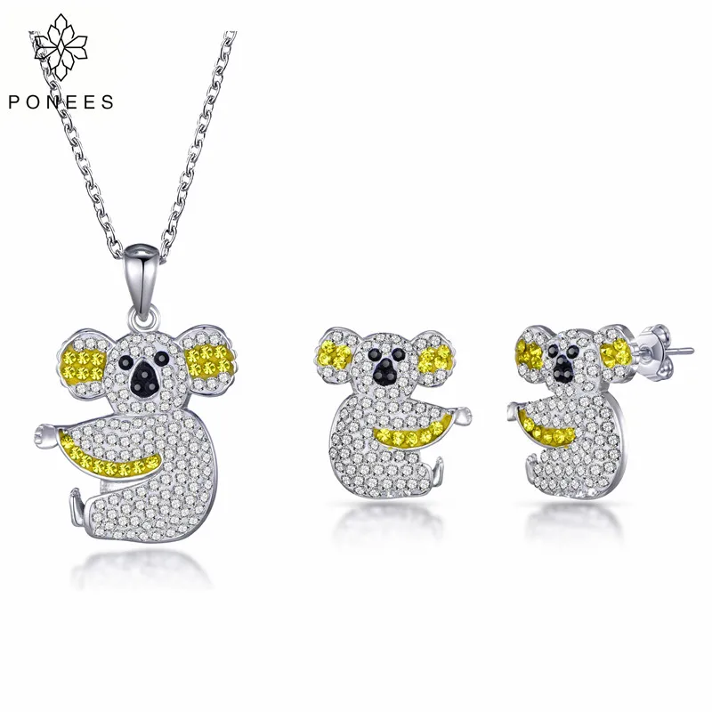 

PONEES New Arrival Pendants and Earrings Set Rhodium Plating Color Rhinestone Cute Koala Jewelry Set For Women Fashion Jewelry