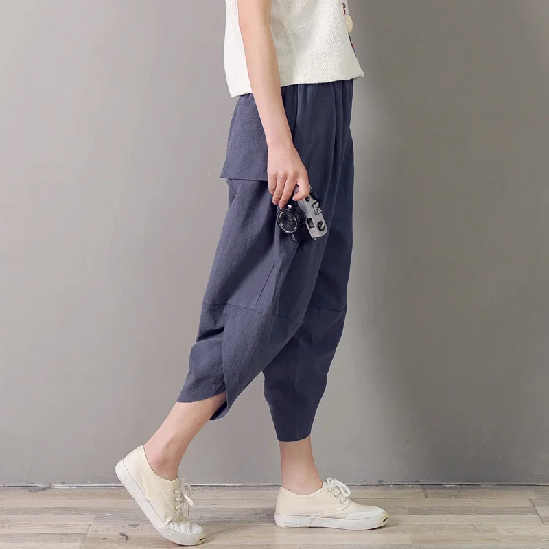 

Vintage Ethnic Wide Leg Pants 2017 New Spring Summer Women Casual Loose Elastic Waist Cotton Linen Harem Pants F58