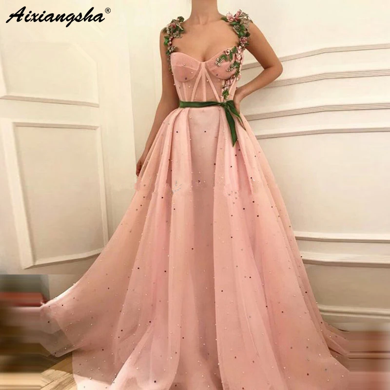 Розовые мусульманские Вечерние платья милое ТРАПЕЦИЕВИДНОЕ платье из тюля с жемчугом и ислам Дубаи, Длинные вечерние платья из Саудовской Аравии