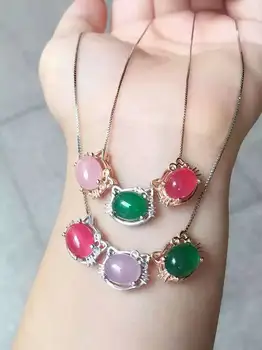 

natural chalcedony pendant S925 silver Natural gemstone Pendant Necklace trendy elegant Lovely cat women party girl jewelry