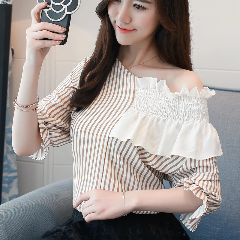 

Free Shipping summer 2019 New Women Blouse Slash neck Chiffon Blouse Female Casual Lady Blouse Shirt Women Tops striped 501G