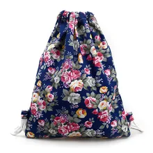 Fashion Portable Drawstring bags Girls Shoes Bags Women Cotton Travel Pouch Floral Canvas Backpack Fashion Drawstring Backpack