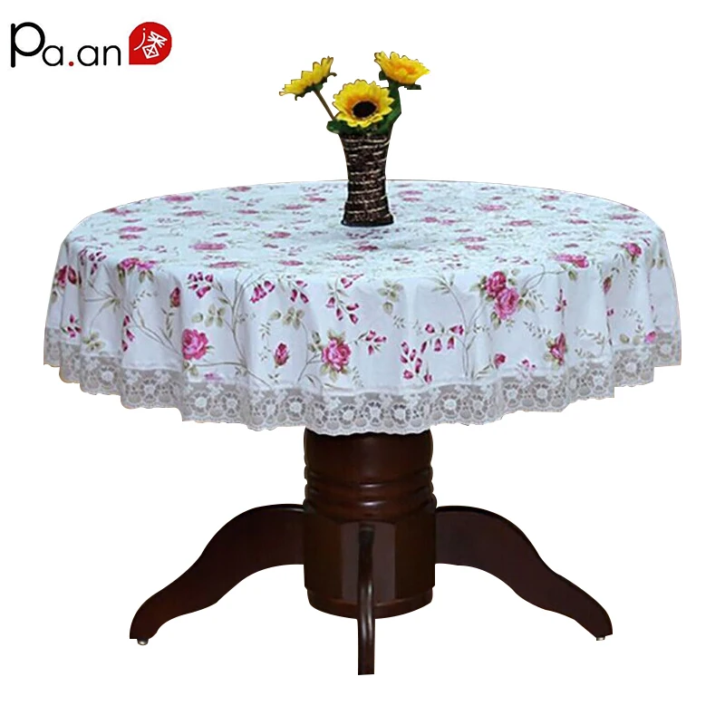  Pastoral Round Table Cloth Plastic Waterproof Oilproof Table Cover Floral Printed Lace Edge Anti Ho