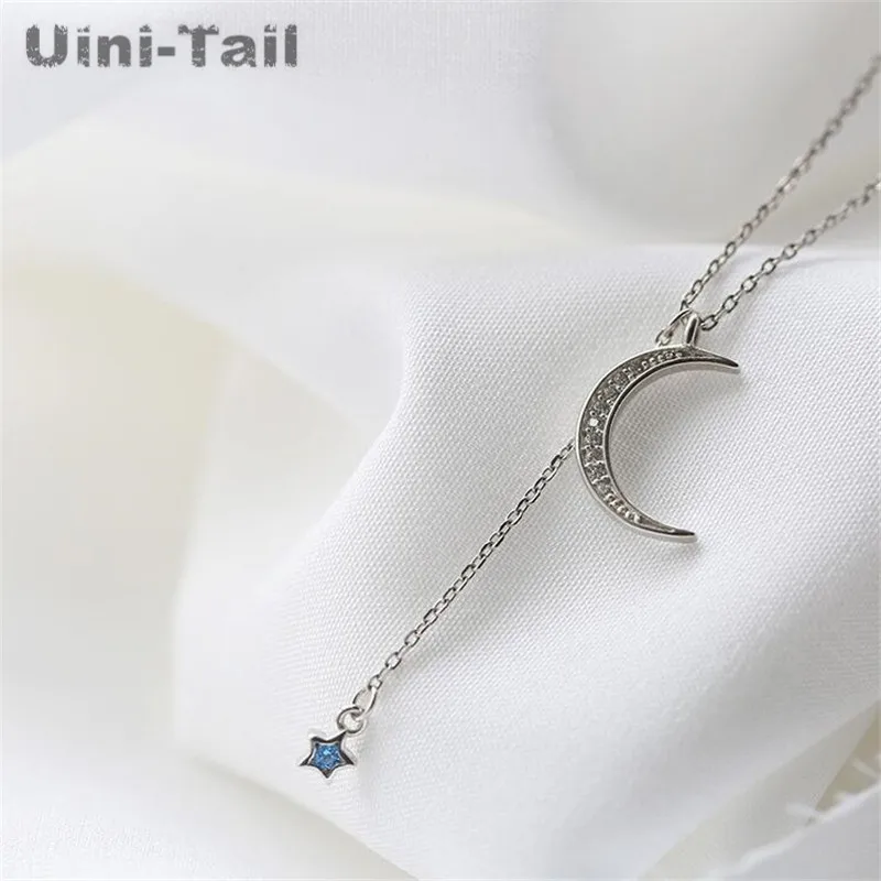 Uini-Tail новый 925 стерлингового серебра звезды луна микро инкрустированные ожерелье корейский модный симпатичный простой личности небольшой
