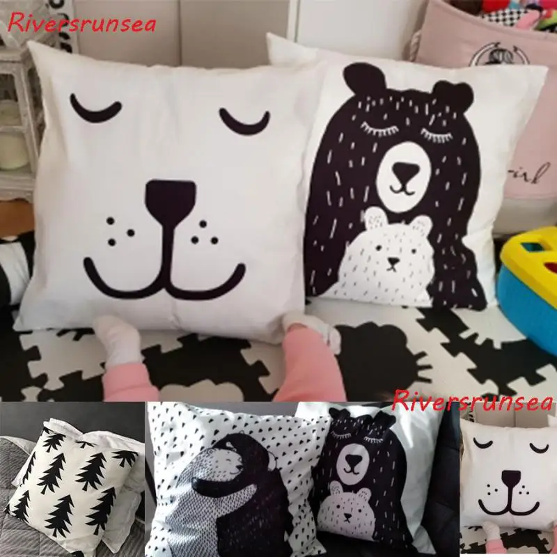 

Hand Painted Black And White Bear Cushion Nordic Style Simple Letter Forest Cactus Sofa Throw Pillows Cute Cartoon Rabbit