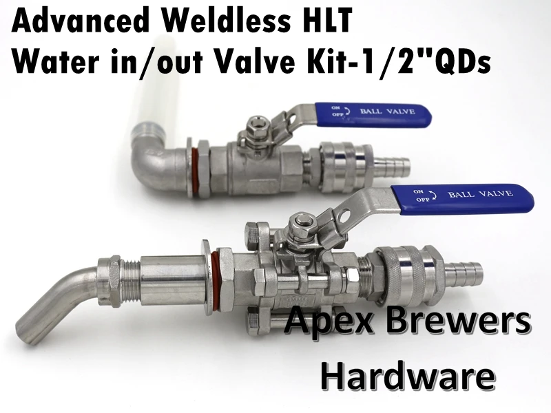 

Advanced Weldless HLT Water In/Out Valve kit, 1/2" Tubing, 1/2" Quick Disconnect set, Hot Liquor Tank parts, Brewer Hardware