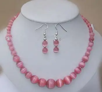 

deliver Nobility Lucky Women vivid 6-14MM Mexican Pink Cat's Eye Necklace 17" Earring Silver hook silver-jewelry