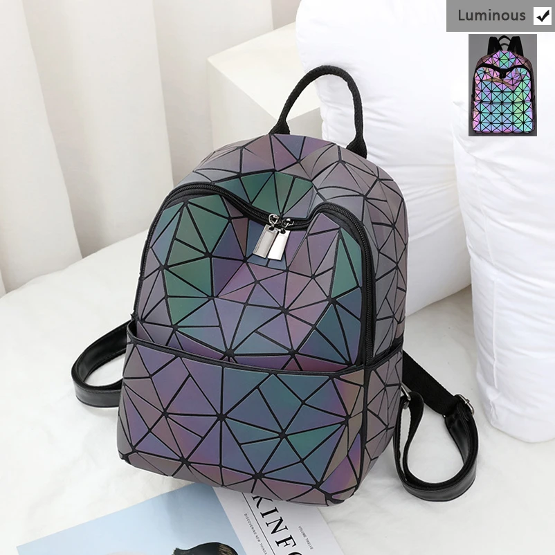 Nevenka Luminous Backpack Women Leather Geometric Backpacks Diamond Lattice Drawstring Backpacks Holographic Backpack Purse 201808