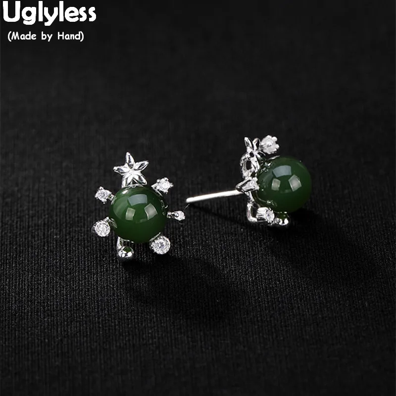 

Uglyless Luxury Natural Jasper Balls Stud Earrings for Women Handmade Star Flower Studs 100% Solid 925 Silver Fine Jewelry Jade