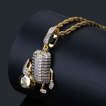 

Men Pendant Cartoon Microphone Purse Cubic Zirconia Gold Necklace Copper Material AAA CZ Iced Out Hip Hip Jewelry