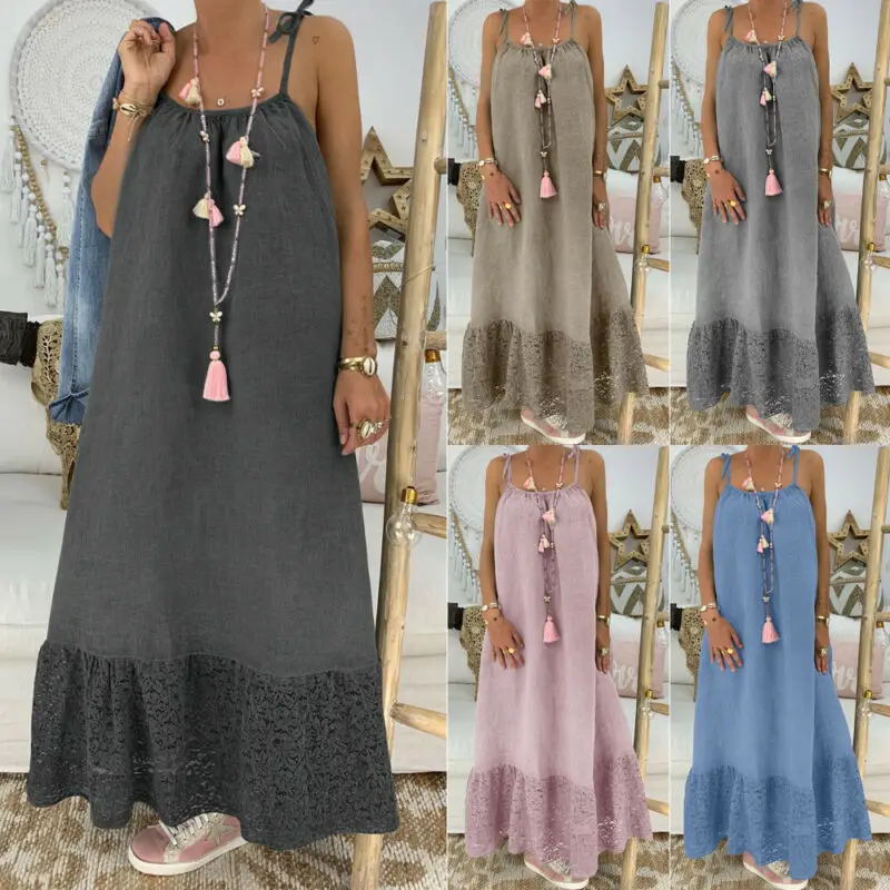 

Plus Size Women Cotton Summer Sleeveless Strap Long Maxi Dresses Ladies Hem Casual Straight Dress