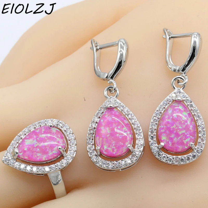 

925 Sterling Silver Pink Fire Opal Earring Sets For Women Anniversary Water Drop Ring Sets Dangle Earrings Gift Box Free Ship