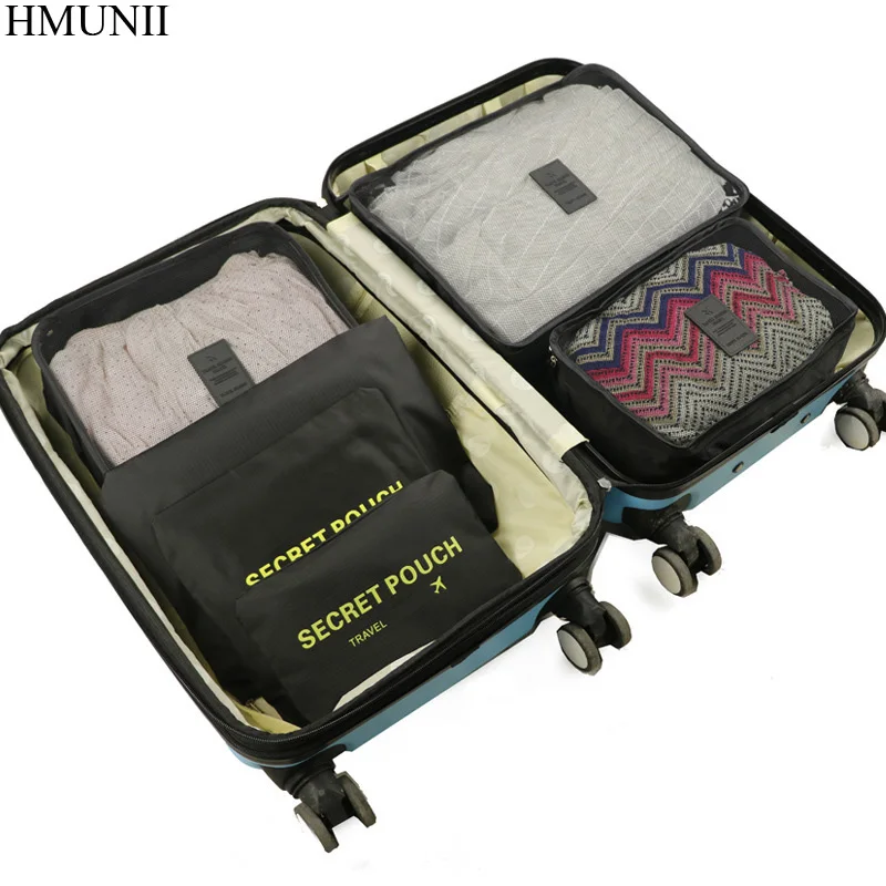 HMUNII 6PCS/Set High Quality Oxford Cloth Travel Mesh Bag In Luggage Organizer Packing Cube Organiser for Clothing C1-06 | Багаж и сумки