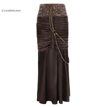 Charmian Женская юбка макси в стиле стимпанк, ретро Готическая длинная юбка с высокой талией, сексуальные черные коричневые атласные винтажные вечерние юбки с цепочками