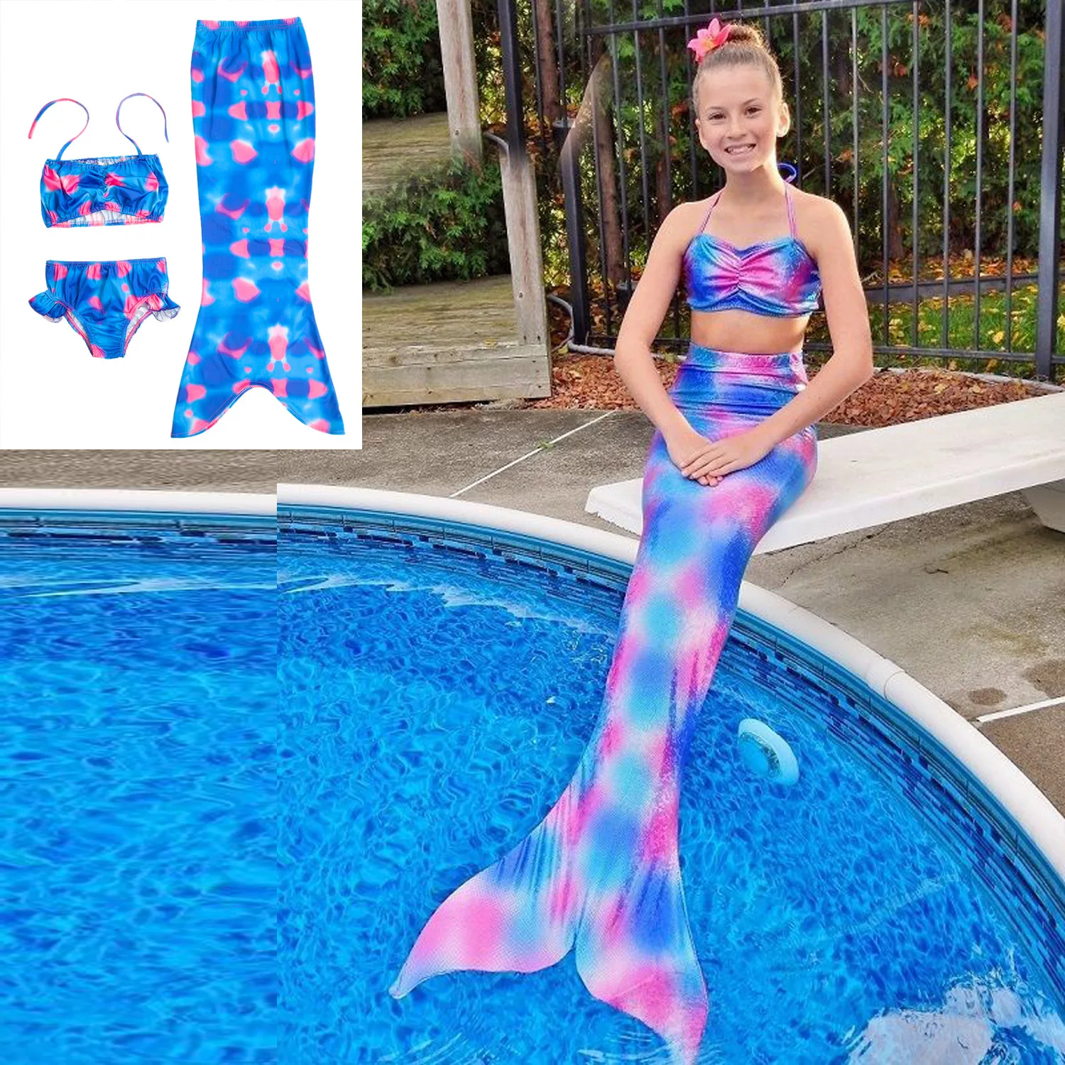 

3PCS Girl Kids Mermaid Tail Swimmable Bikini Set Bathing Suit Fancy Cosplay Costume