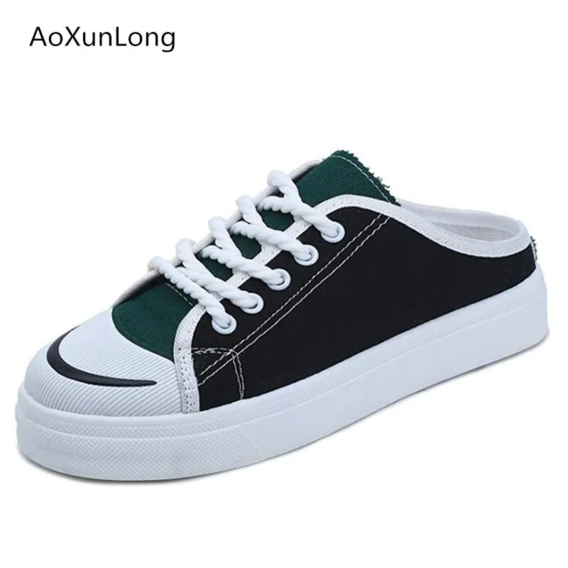 

AoXunLong Women summer canvas slippers fashion color matching outdoor sneakers women lace non-slip flat slippers Women EU 35-39