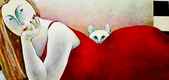 

Handmade painting cat and lying woman with red skirt on oil canvas for home decor and wallpaper