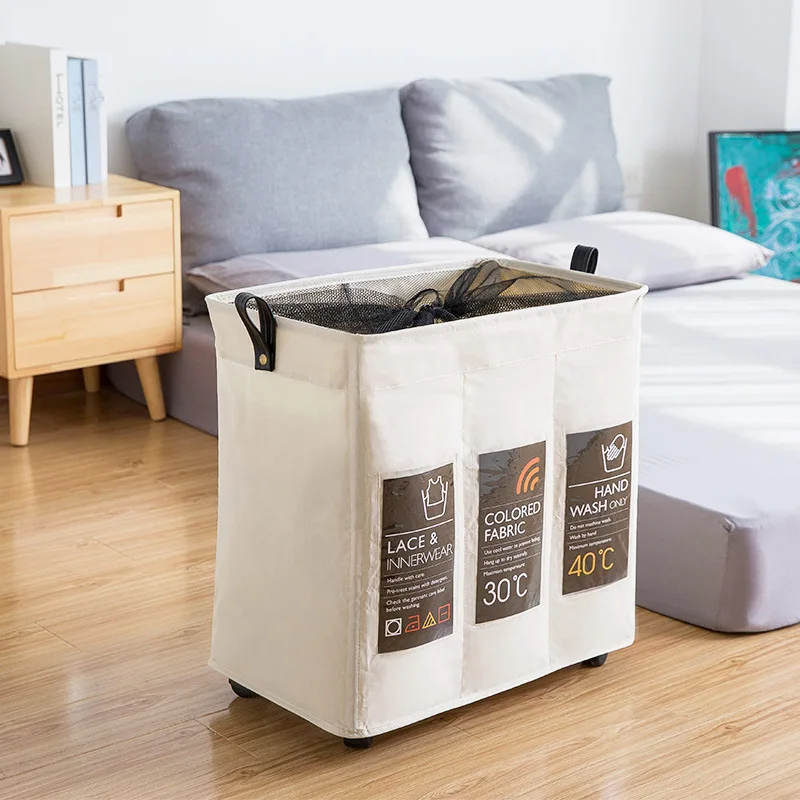 

Three Grid Storage Basket With Wheels Collapsible Hamper Drawstring Laundry Basket Dirty Clothes Washing Bag Storage Organizer