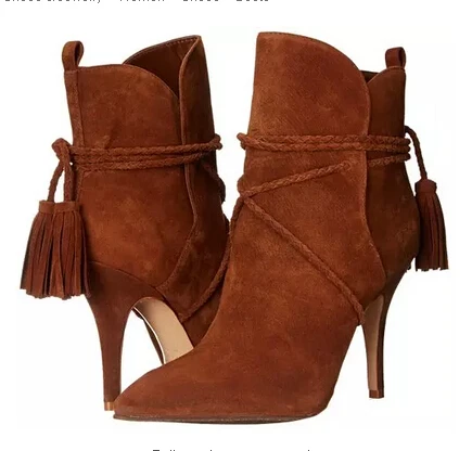 

New arrival brown suede leather high heel ankle boots pointed toe fringe ankle wrap women bootie size 34 to 42 party dress shoes