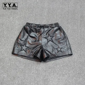

2020 New Star Printed Womens Shorts Casual Elastic Waist Wide Leg Streetwear Black Genuine Leather Punk Female Short Trousers