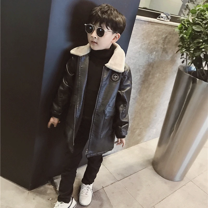 

Boy PU leather jacket 2019 winter new baby plus velvet long coat children thick padded leather jacket