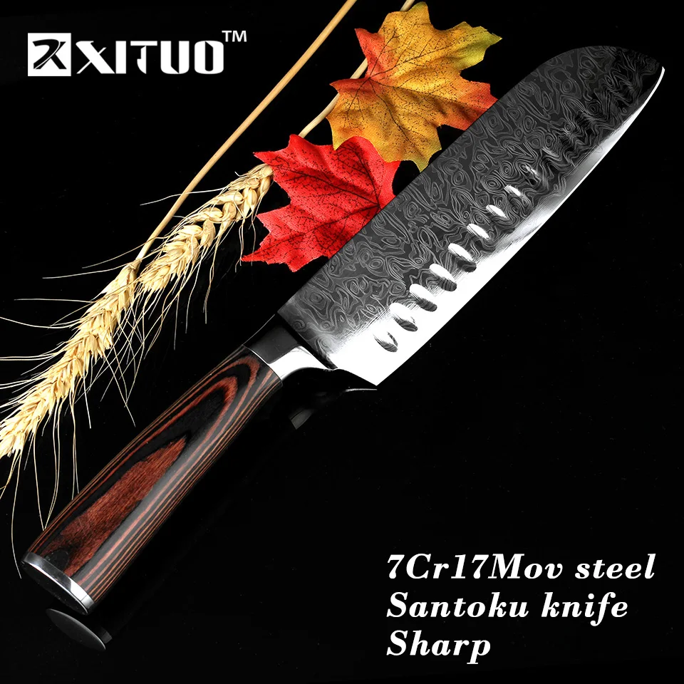 

XITUO Anti-stick Meat Wishful Pattern Japanese Santoku Knife Kitchen Imitative Damascus Chef Knives 7Cr17mov Steel Cooking Tool