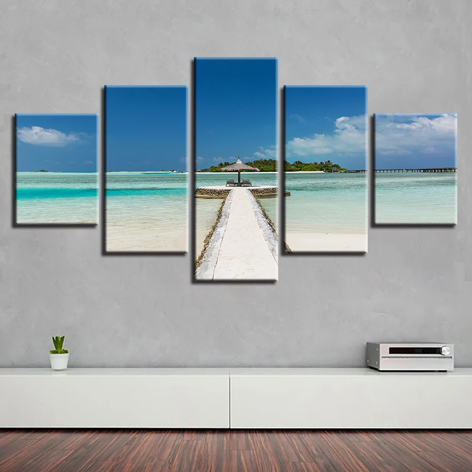 

Poster Painting Frame Modular Art 5 Pieces HD Printed Beach Blue Sky White Cloud Island Seascape Canvas Picture Decor Room Wall