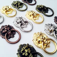 Vintage Decorative Metal Lion Head Furniture Door Cabinet Dresser Drawer Pull Handle Knob O Ring 5 length screw can be choose yellow brass chinese vintage lion head furniture door pull handle 190 260mm
