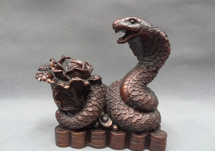 

song voge gem S5023 8" Chinese Bronze Animals Cai Cabbage YuanBao Coin Year Zodiac Snake Head Statue