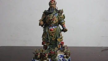 

18 Chinese pottery porcelain 9 Dragon Stand GuanGong Guan Yu Warrior God Statue