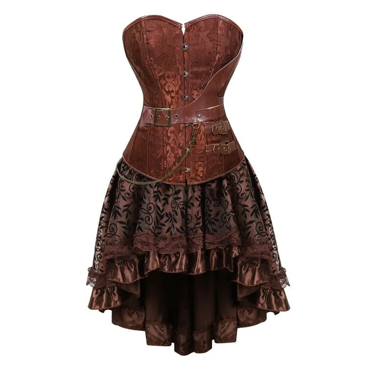 Готический стимпанк корсет платье кожа овербюст корсеты и бюстье юбка пиратские вечерние размера плюс женские сексуальные коричневые Бурлеск