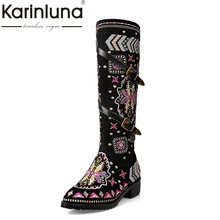 KAIRNLUNA/зимние сапоги для верховой езды наивысшего качества, большие размеры 33-43 Женская обувь из натуральной кожи с вышивкой в этническом стиле с пряжкой