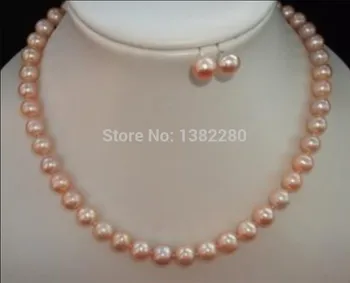 

keshi Women Gift word Love Jewelry 8-9mm Pink pearl necklace and earring set 18inch DIY shipping! handmade je choker