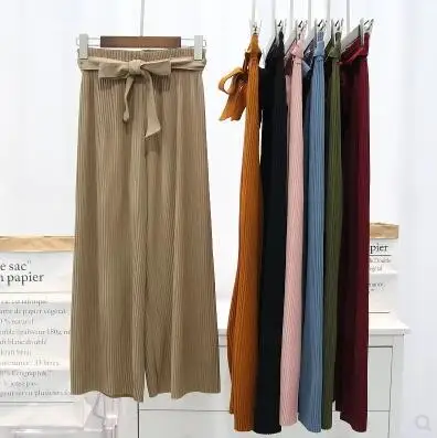 Feoya Fashion Women Chiffon Stripe Pleated Wide Leg pants