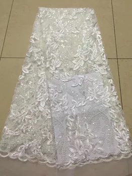 

2018 high quality French Nigerian sequins net lace,African tulle mesh sequence lace fabric for party dress 5yards/lot white