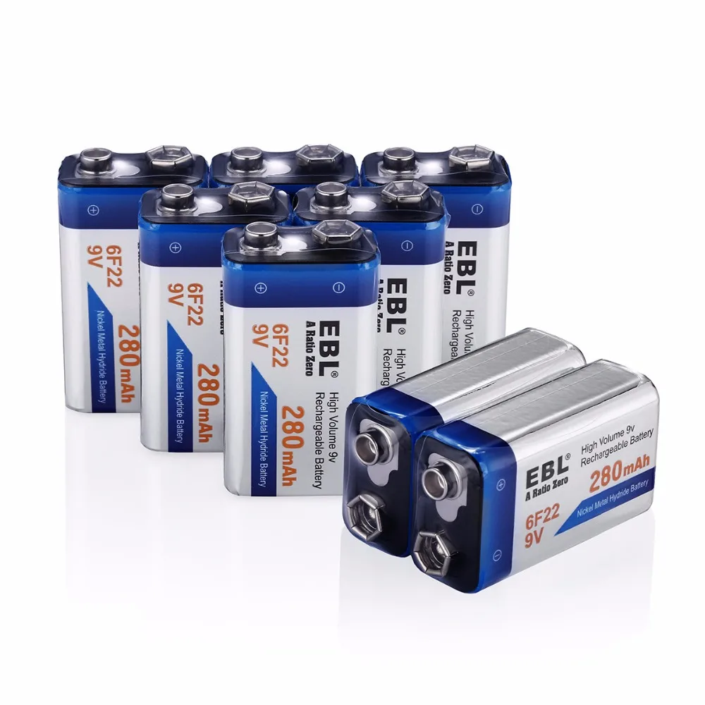 10pcs/lot EBL 280mAh Ni MH Rechargeable Batteries 9v Battery Universal Whole Sale free shipping